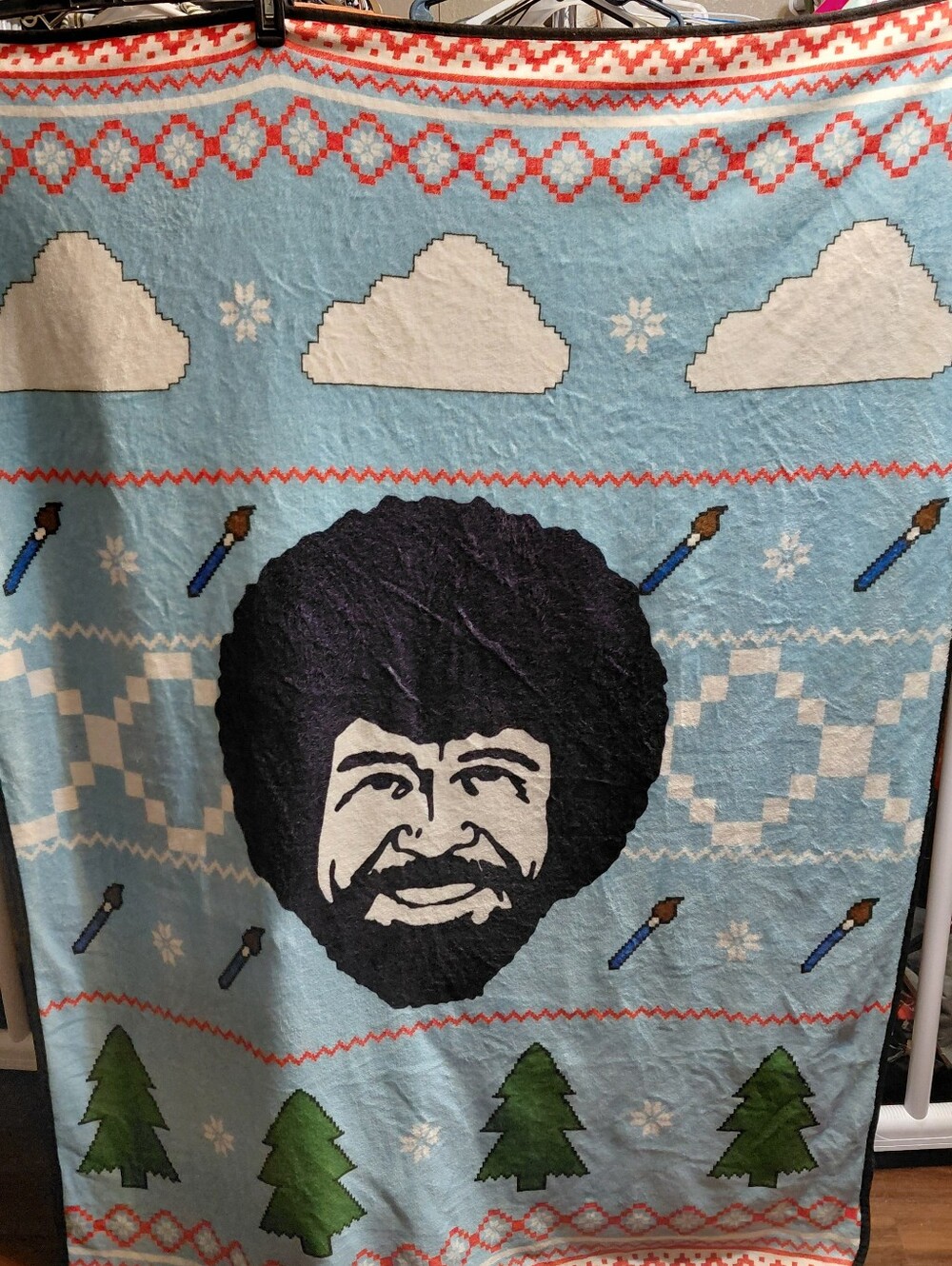 Bob Ross Inspired Blue Holiday Throw Blanket - Light Blue And 2 Plush Dolls